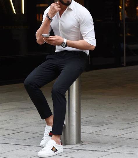 black pants white shoes